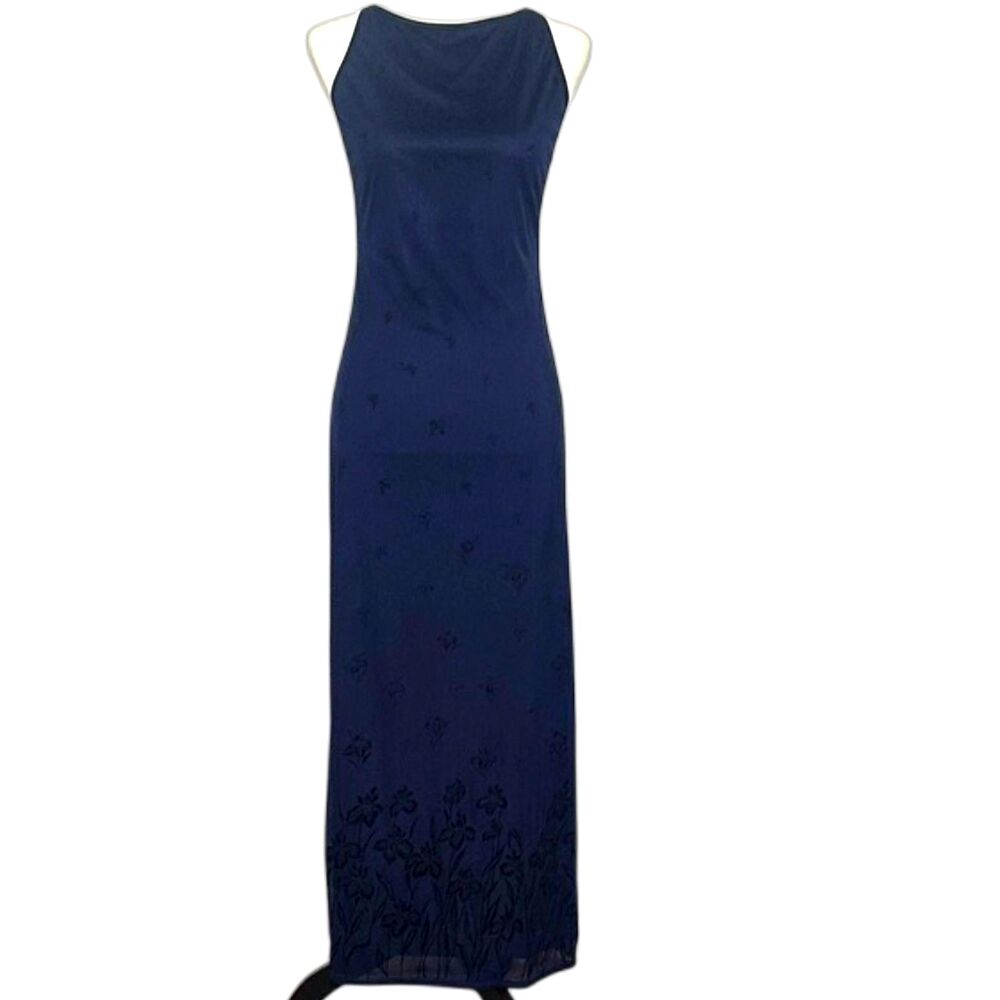 Vintage 90s Chiffon Dress Velvet Burnout Floral Babydoll Sm Maxi Wimsygoth Blue